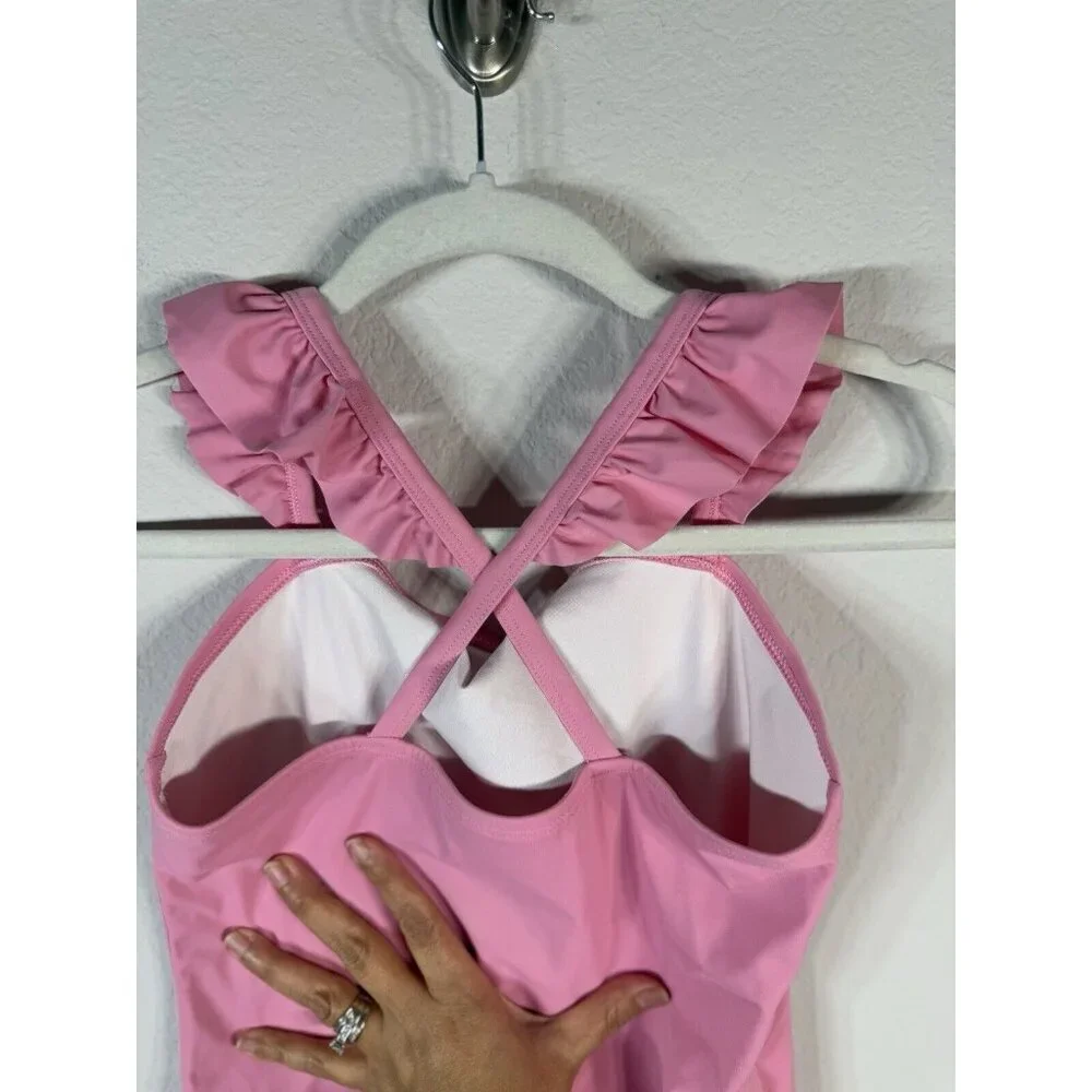 Hanna Andersson Pink 3D Tropical Bird Criss Cross One Piece Swimsuit Girls 14-16